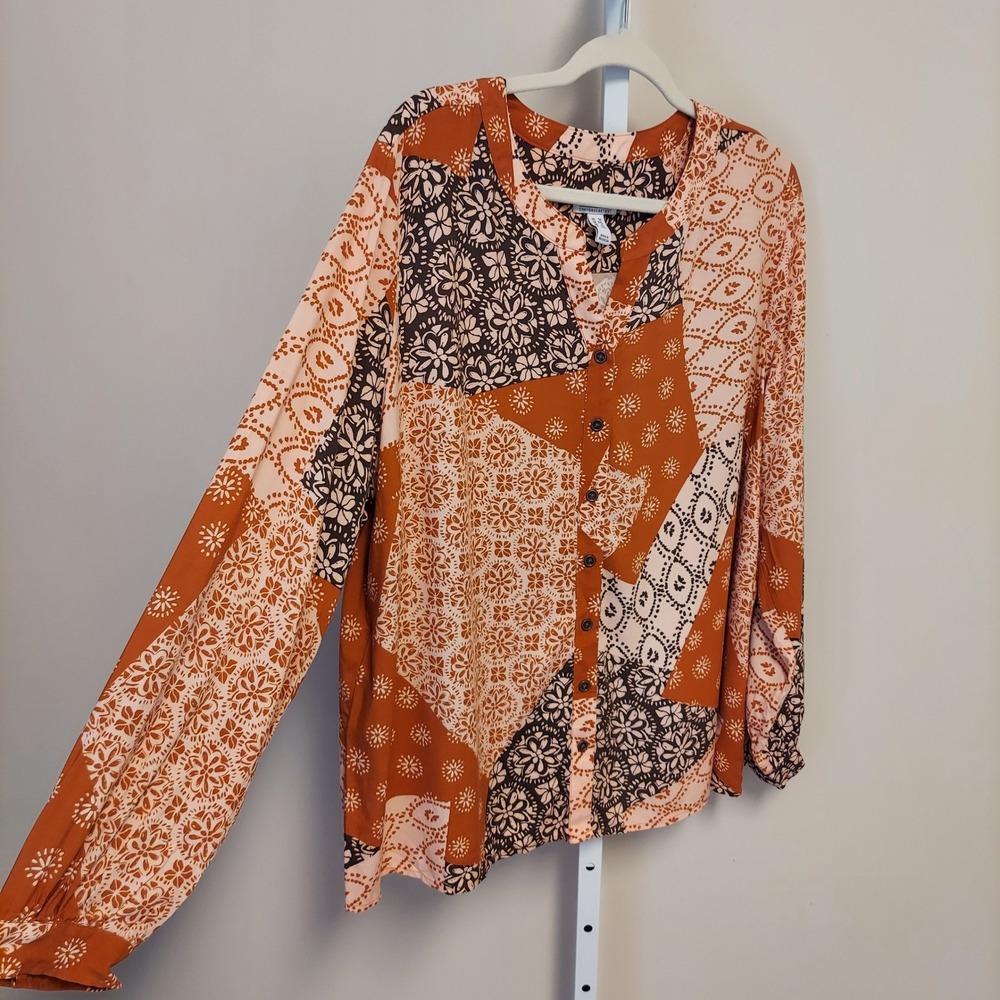 Denim & Co Canyon Retreat Patchwork‎ Floral Print Blouse 1X Boho Western Earthy